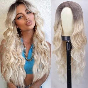 - Human hair blend platinum blonde wavy wig